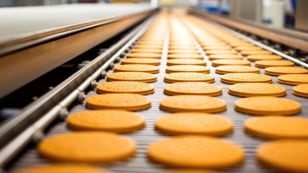 Foto biscotti dolci in catena di montaggio su un nastro trasportatore in una fabbrica un'istantanea del mondo efficiente e delizioso della produzione automatizzata