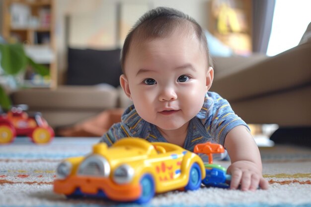 スイートな赤ちゃんがリビングで色とりどりのおもちゃ車で遊んでいます