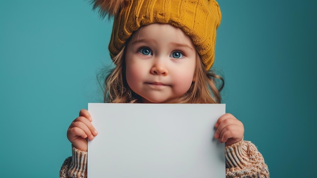 Sweet baby girl holding blank white sheet against blue backdrop