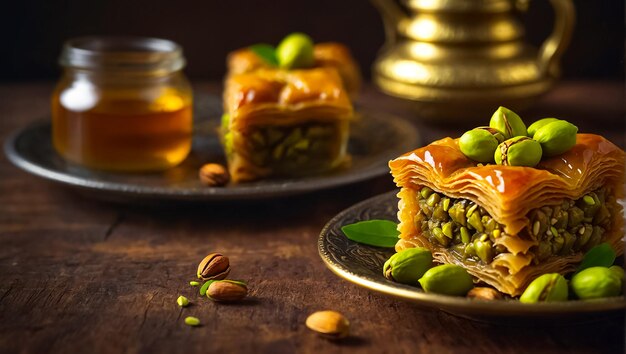 Photo sweet baklava with nuts in a plate