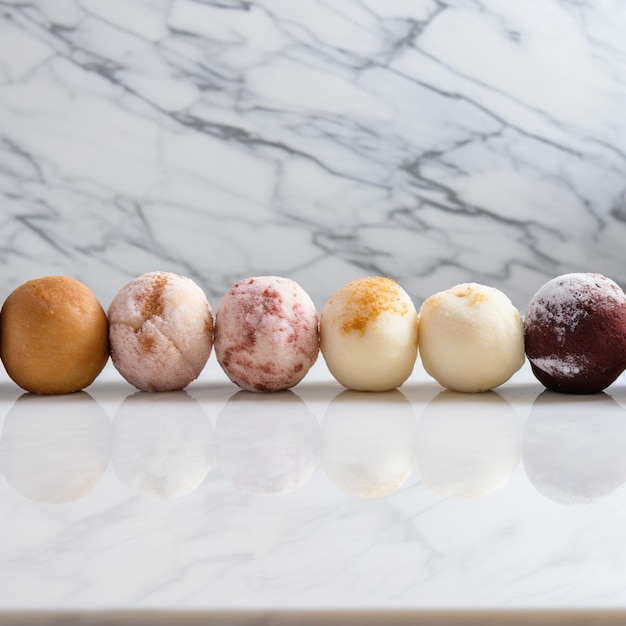 sweet balls lined up on white marble