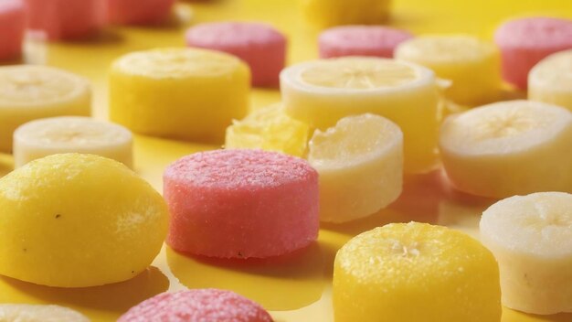 Sweet banana and lemon candies on yellow background