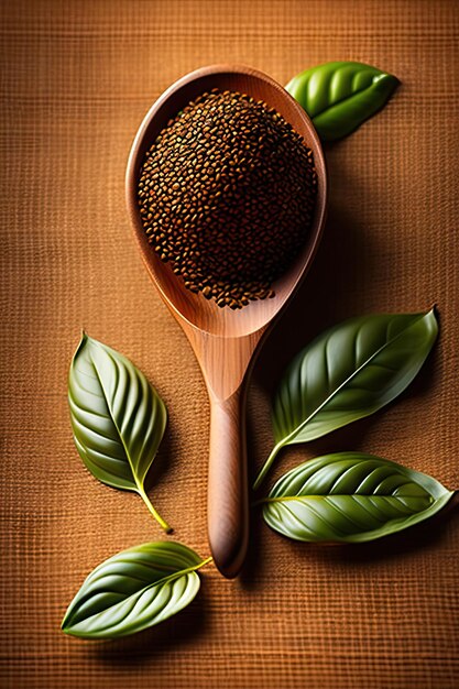 Sweet basil seeds in wooden spoon on burlap and wood background