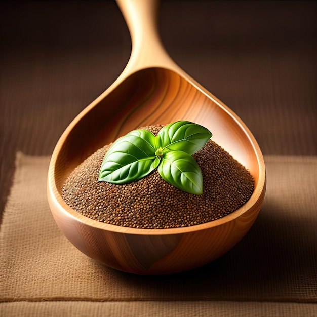 Sweet basil seeds in wooden spoon on burlap and wood background