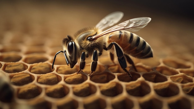 Sweet bee on hexagonal hive with copy space