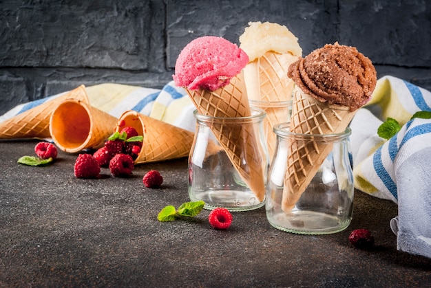  sweet berries and desserts, various of ice cream flavor in cones