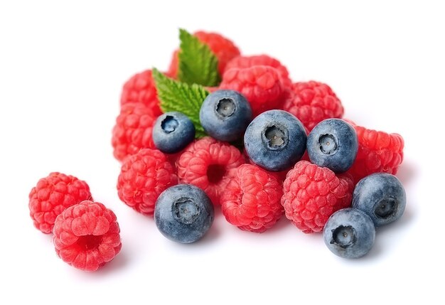 Sweet berries mix isolated with ripe raspberry and blueberries