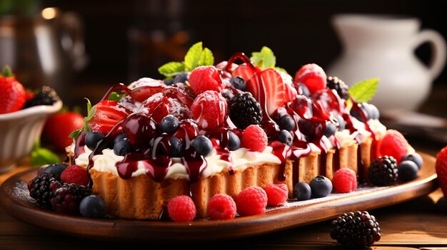 Sweet berry and grasp tart on wooden table