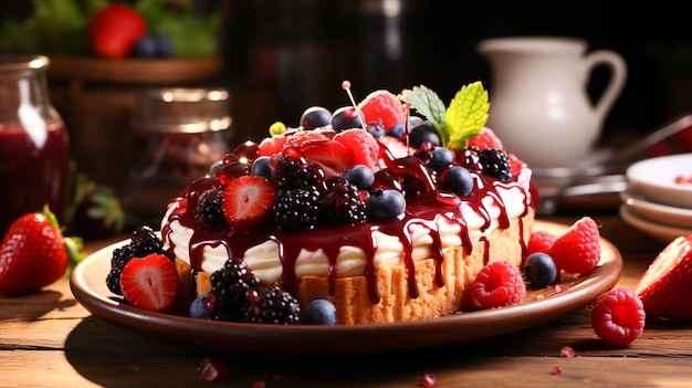 Sweet berry and grasp tart on wooden table