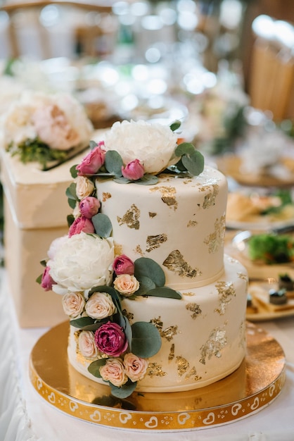 Sweet big wedding cake on wedding day