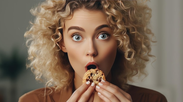 Foto sweet bliss blonde krullend haar vrouw verrukken in chocolade chip cookie guiltfree pleasure wom