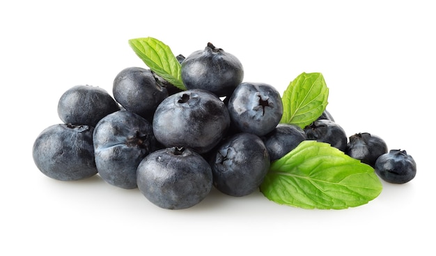 Sweet blueberry with green leaves isolated on white