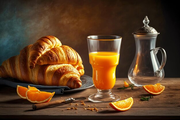 Sweet breakfast with coffee and glass of orange juice and croissant