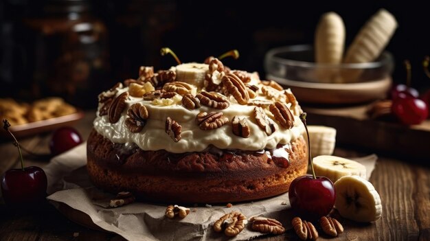 Sweet brown banana cake with cream cheese with banana slices on it blur background