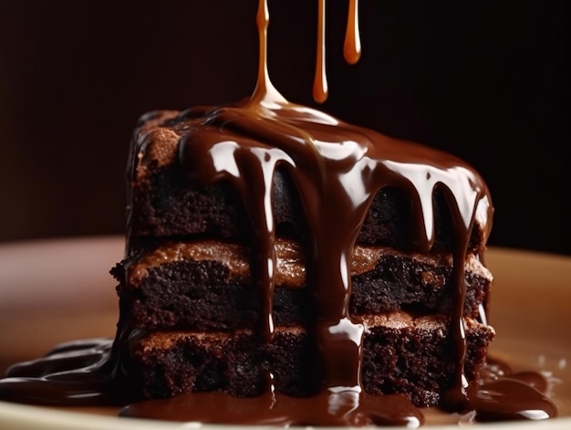 Foto brownie dolce spruzzato di sciroppo di cioccolato