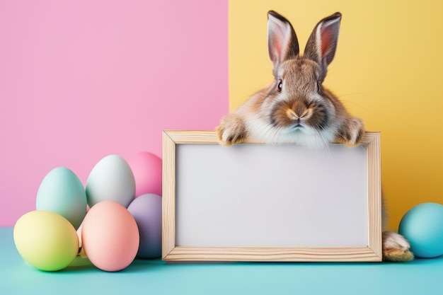 Photo sweet bunny holding white board mockup in soft pastels