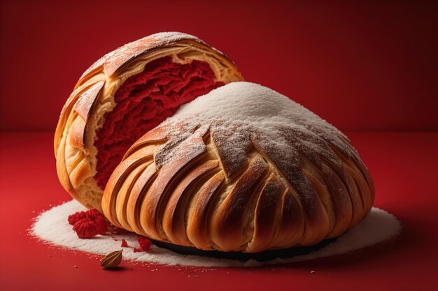 Sweet buns with jam and icing sugar on a red background generative ai