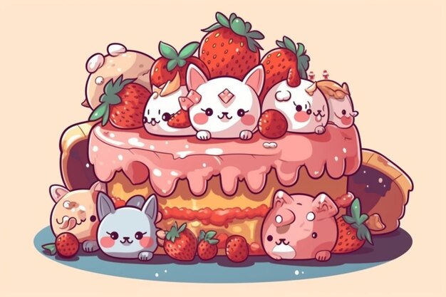 Sweet cake of strawberry cream with kawaii characters