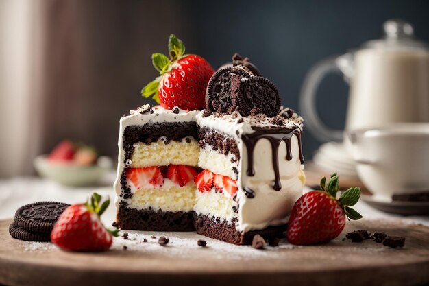 Photo sweet cake with cream oreo and strawberry