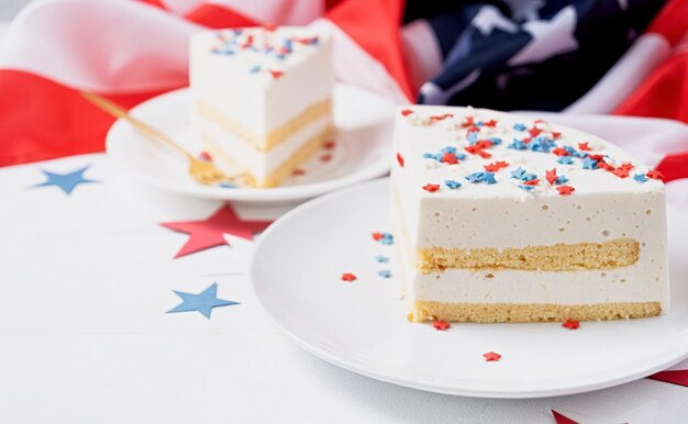 Sweet cake with usa flag colored sprinkles and stars flag background