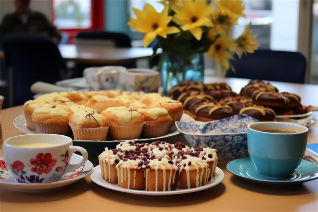 sweet cakes and two cups of coffee on a table