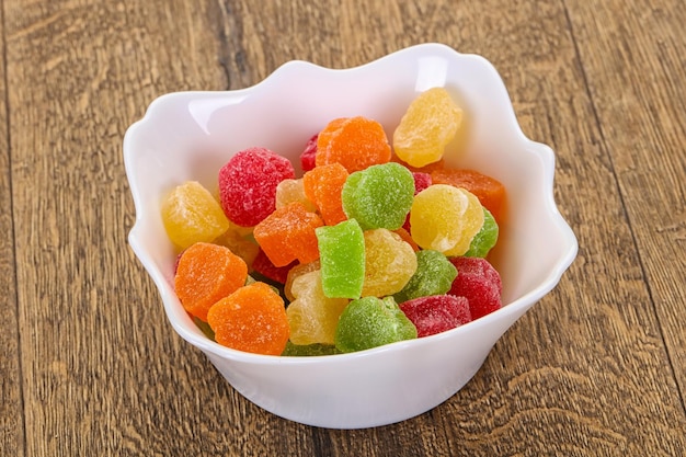 Sweet candied fruit heap in the bowl