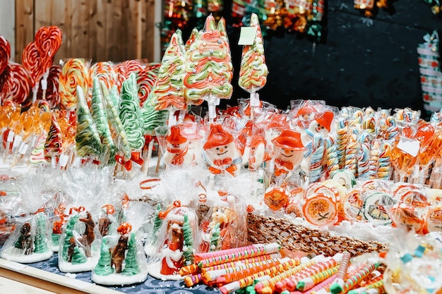 Sweet candies at Christmas market of Vilnius in Lithuania.