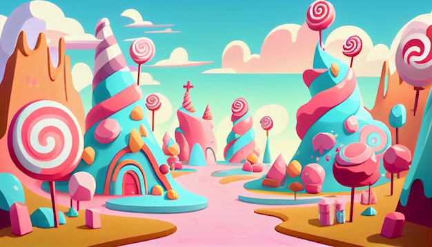 写真 モバイルゲームの甘いお菓子の土地 2d 背景環境 高品質の水平背景の風景 ゲーム テンプレート デザインの場所 ジェネレーティブ ai