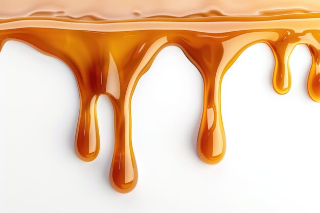 Photo sweet caramel sauce drips on white background