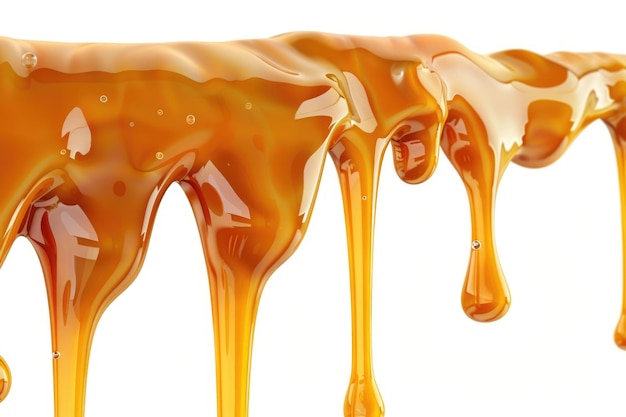 Sweet caramel sauce drips on white background