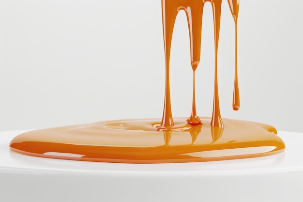 Sweet caramel sauce drips on white podium