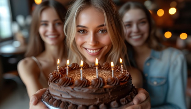 Sweet Celebration Friends Enjoying Chocolate Cake Together