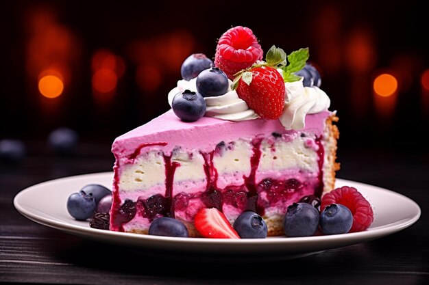 Photo sweet cheesecake slice with blueberry and raspberry mousse