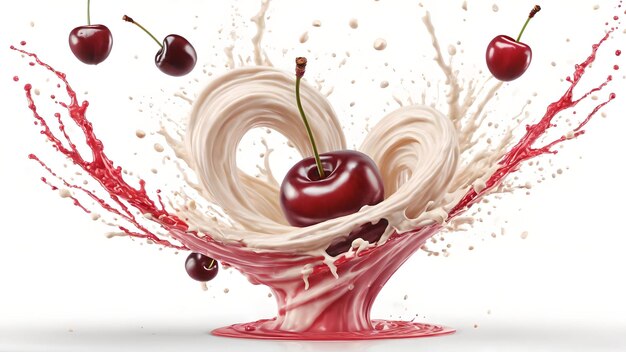 Photo sweet cherries in juice splash isolated