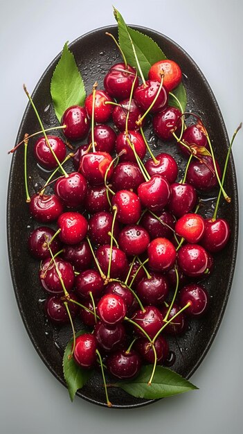 Sweet cherries on a plate with leaves adorned in droplets Vertical Mobile Wallpaper