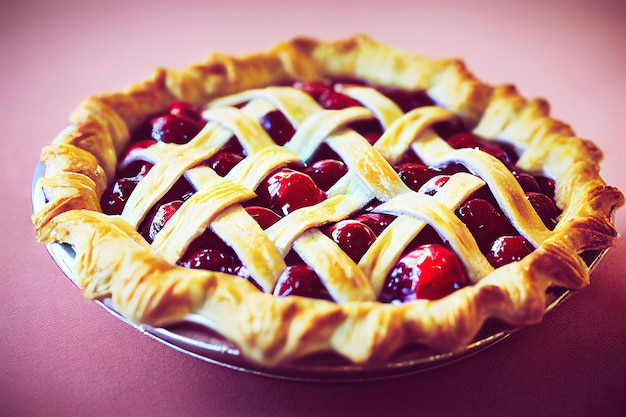 Photo sweet cherry pie with top decorated with cherry jam and strips of dough