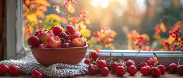 Photo a sweet cherry sits in a clay bowl on the wooden board with a knitted napkin and a garden outside