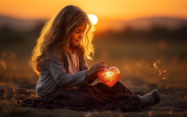 Sweet child girl holding a heart red balloon in Sunset sky Wedding Valentine and Love concept