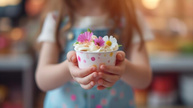 居心地の良い囲気のあるカフェで子供たちの誕生日パーティーで食用の花がついた美味しいケーキを握っている甘い子供