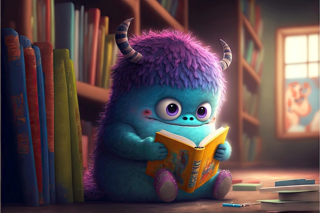 달콤한 아이의 귀여운 괴물은 도서관 생성 인공 지능에서 책을 읽습니다.