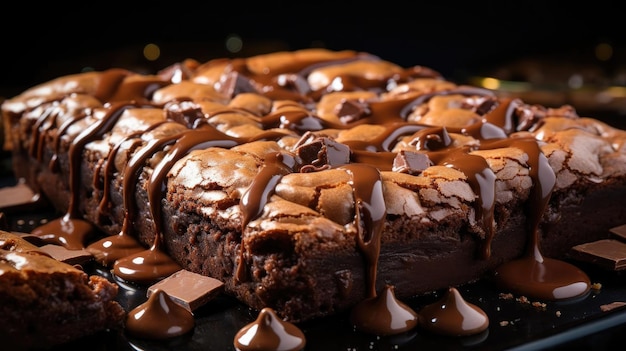 Sweet chocolate brownies with melted chocolate and a sprinkling of cocoa powder