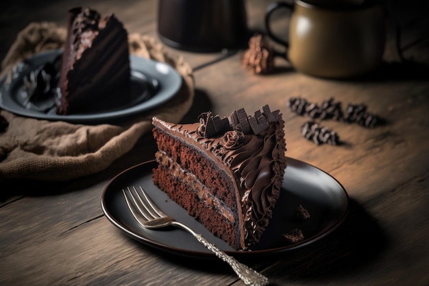 Sweet chocolate cake is sliced in the backdrop on a wooden table