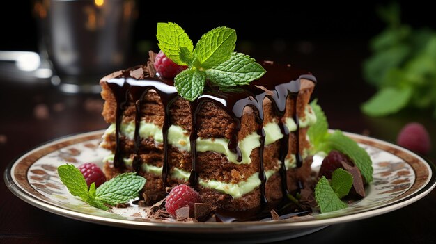 Сладкий шоколадный торт со сливками на тарелкеgenerativeai