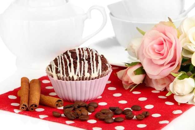 Sweet chocolate cupcake close up