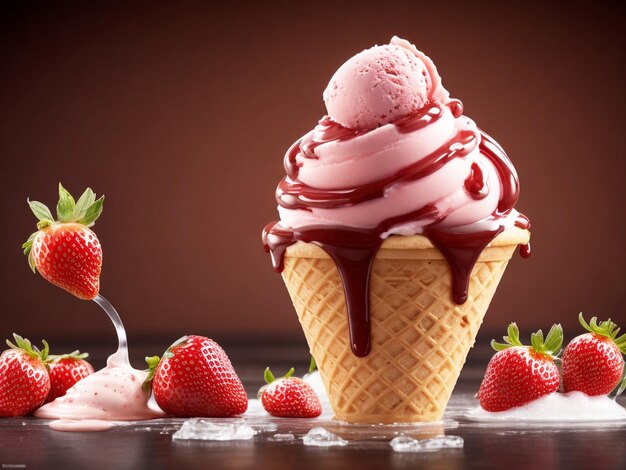 Sweet chocolate ice cream cream with strawberry