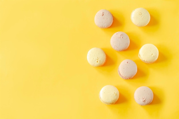 Sweet chocolatelemon macarons lying on yellow background pastry confectionery desserts tasty sugar foodcopy space