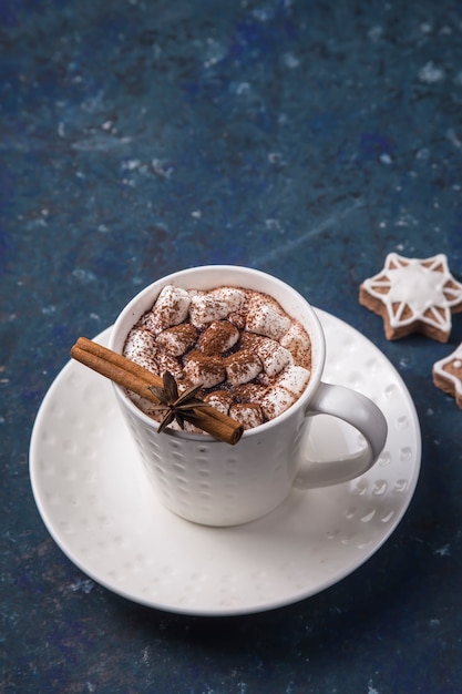 Sweet cocoa drink with marshmallows and ginger cookies