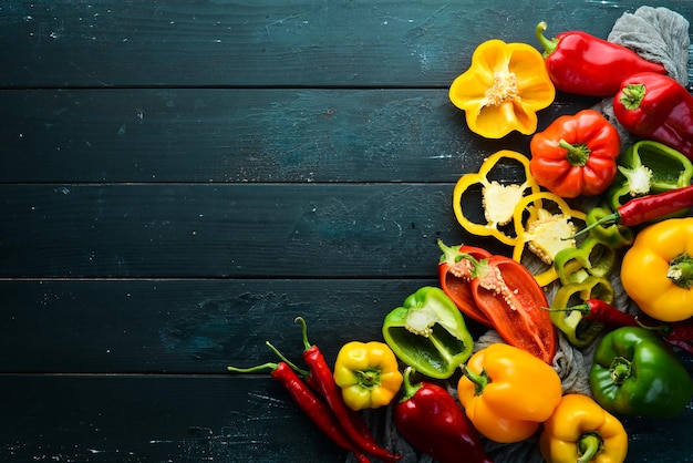 Sweet colored bell pepper Fresh vegetables Top view Free space for your text