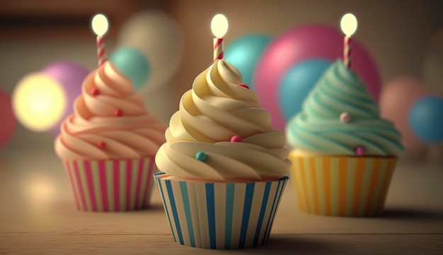 Sweet colorful birthday cupcakes and candle Generative Ai