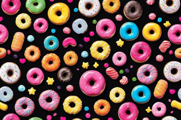 Sweet colorful donuts and candy on black background